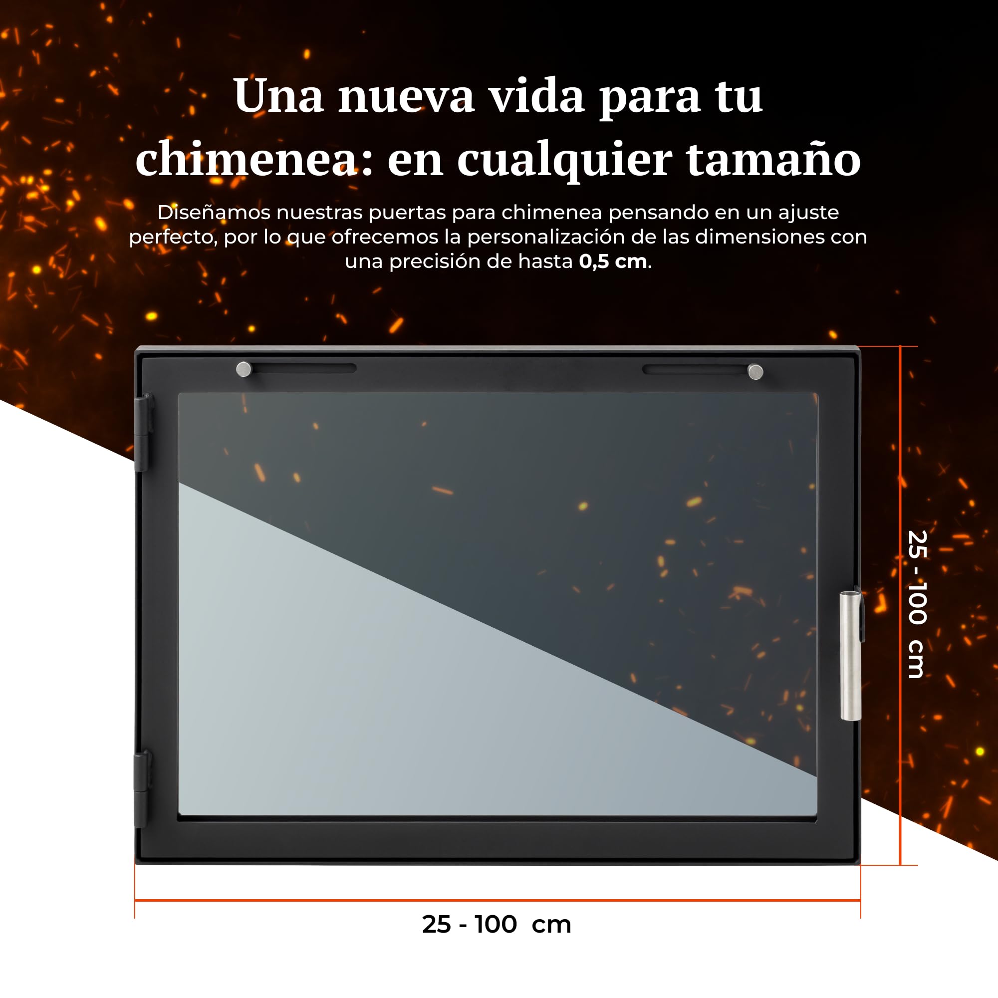 D3 | Puerta de Chimenea Slimline a Medida | Marco Estrecho | Puerta para Chimenea, Estufa, Barbacoa y ahumador | Cristal vitrocerámico | Puerta Premium con Accesorios INOX