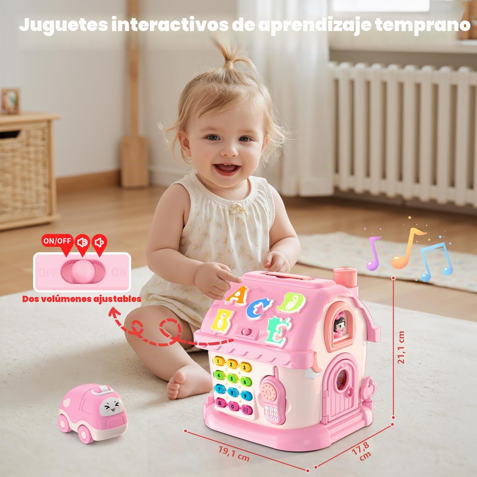 HYES Juguetes para bebé niñas de 1 año, Juguete Montessori, 8 en 1 multifunción casa con música/Coche/Reloj/teléfono/luz, Musical sensorial Juguetes Regalos para bebé de 1-2 años