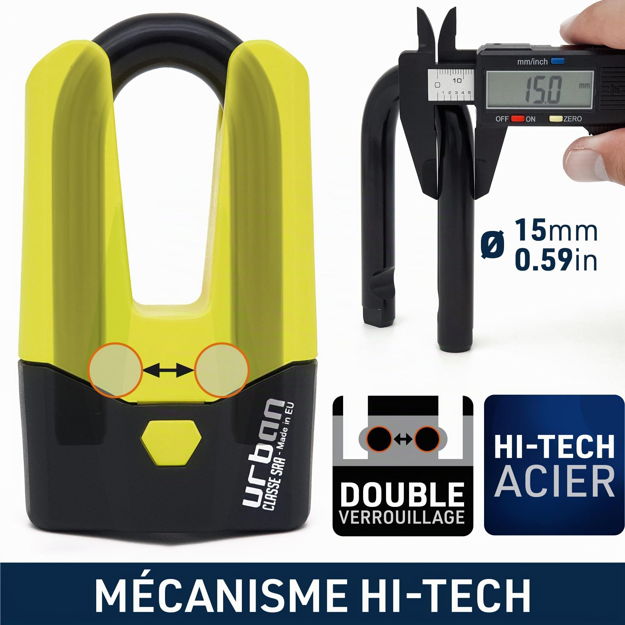 URBAN U9DY Antivol Moto Bloque Disque Mini U Homologué SRA, Sécurité Maximale Entièrement Testée, Fourche ø15 Double Fermeture, Serrure Haute Sécurité, Antivol Bloc Roue pour Moto Scooter Vélo Cadenas