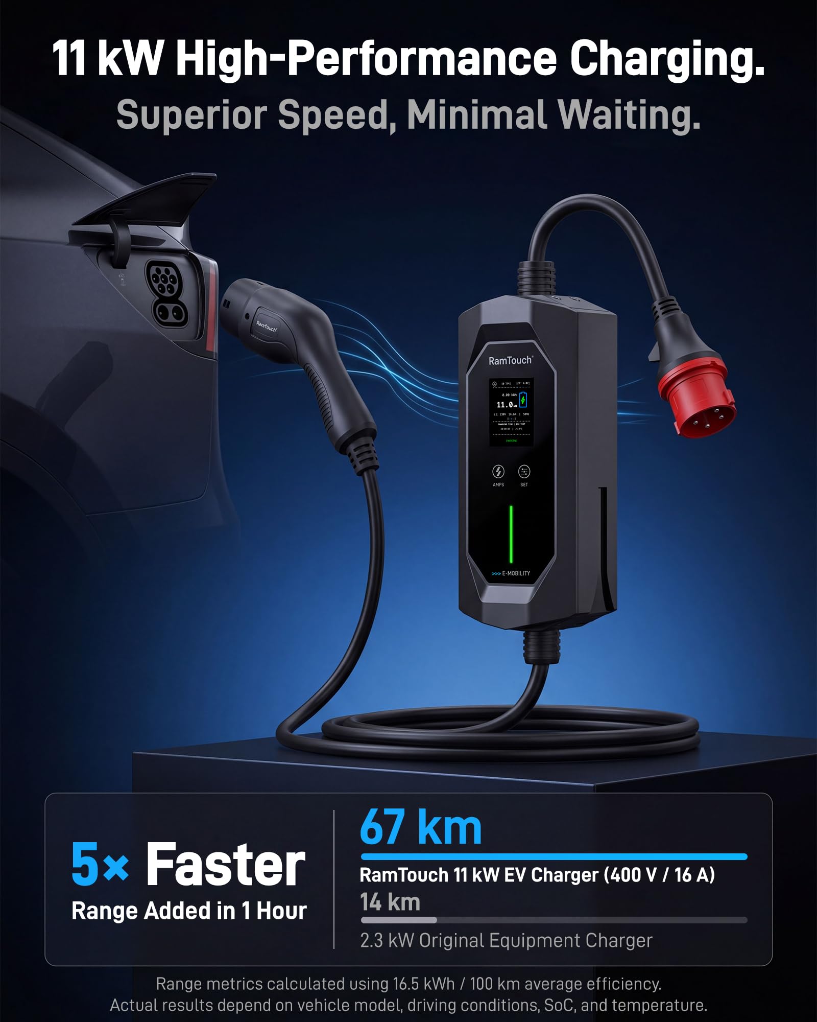 Cargador Coche Eléctrico 11 kW, 16 A, 5 m | CEE Rojo 5P a Tipo 2 | Trifásico | IP67 | 6–16 A | Timer + inicio diferido | LCD 2,4" | RCD CA/CC | Cable Modo 2 / wallbox móvil | para VE y PHEV