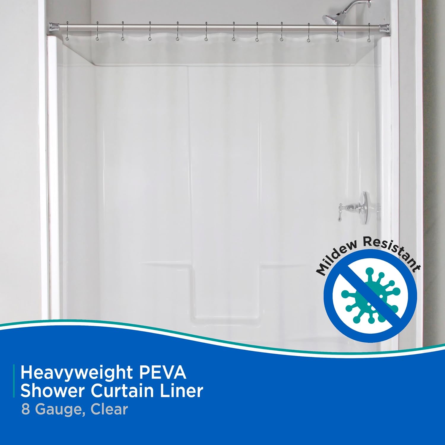 Kenney KN61455 Heavyweight 8 Gauge Waterproof PEVA Shower Curtain Liner with Rust-Resistant Metal Grommets and Weighted Magnetic Hem for Bathroom, 70" W x 72" H, Clear