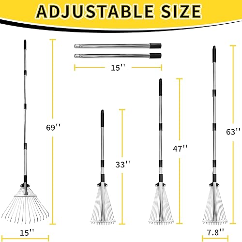 Miniatura 2 de Rastrillo de jardín para hojas, rastrillo de hojas ajustable de metal resistente para césped, mango largo de 33 a 69 pulgadas con cabeza expandible