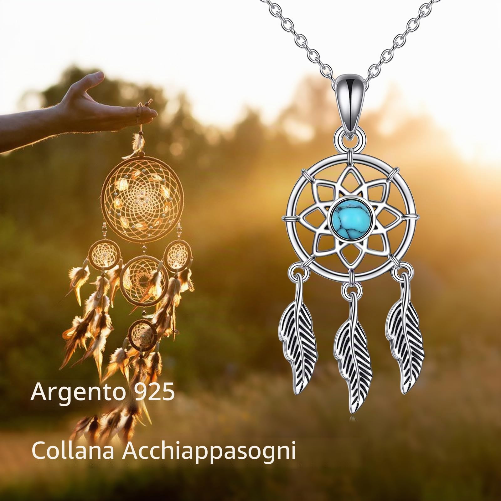 YFN Collana acchiappasogni, in argento Sterling 925, con piuma, acchiappasogni, ciondolo turchese, per donne, adolescenti e ragazze, 33*13mm, Argento sterling, Turchese sintetico