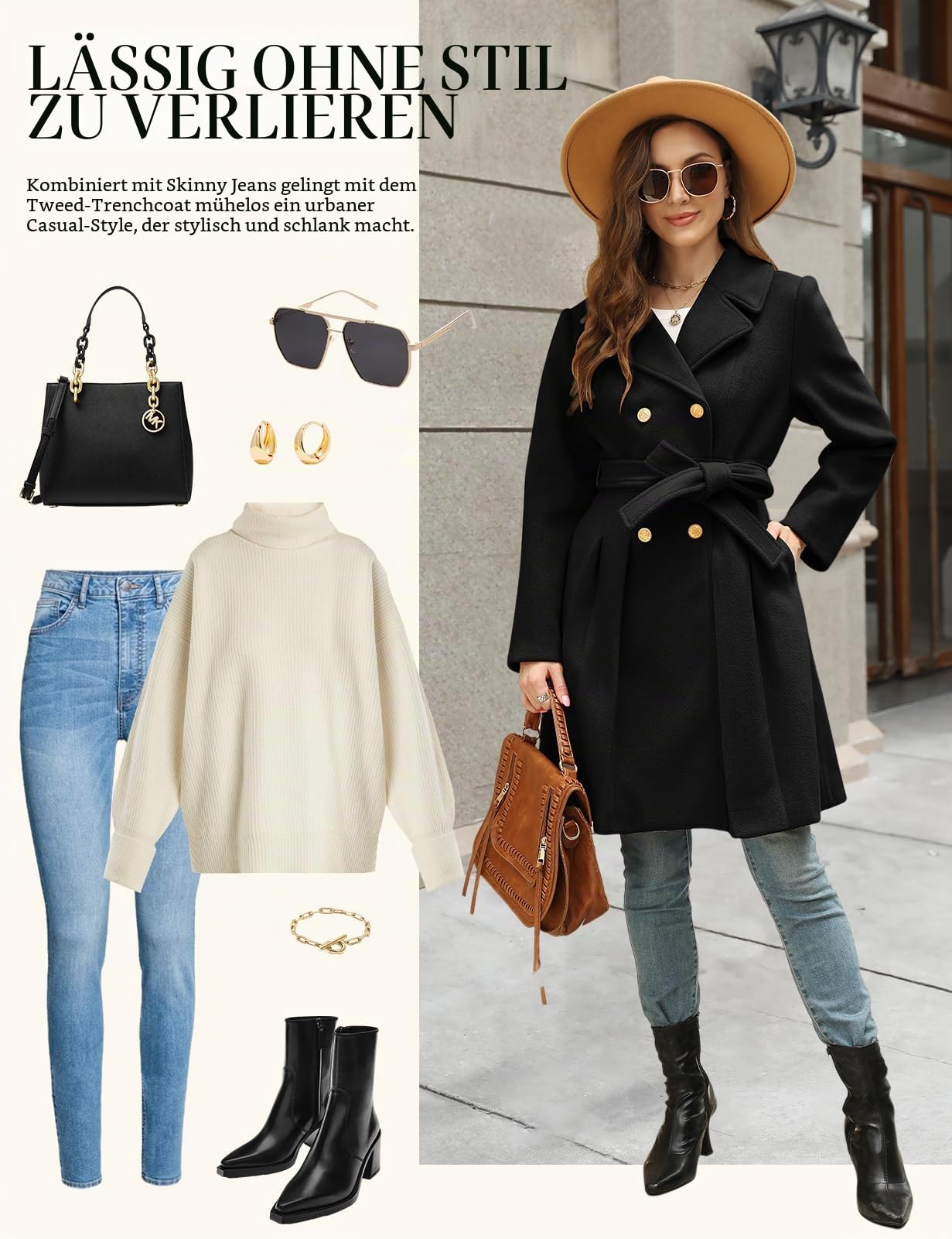 Vancavoo Damen Mantel Wintercoat Elegant Wollmantel Lang Winterjacke Revers Zweireihiger Coat Knielang Trenchcoat Winter A-Linie Jacke Outwear