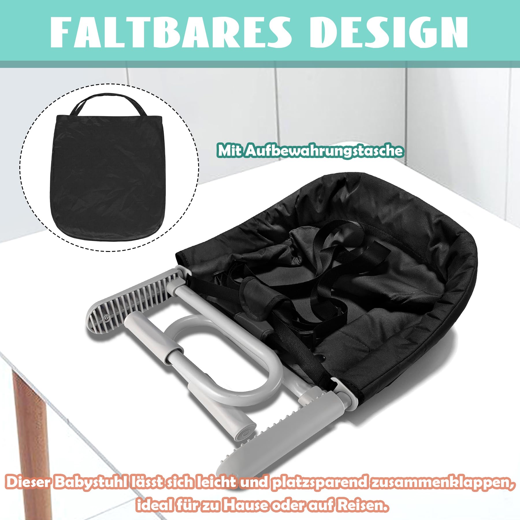 SUBTLETY Tischsitz Faltbar Babystuhl Babysitz mit Transporttasche Rutschfest Klemmen und Sitztasche Tragbarer Baby Hochstuhl für 2-8 cm Dicke Tisch Boostersitz Kinderstuhl Belastbarkeit 15 kg, Schwarz
