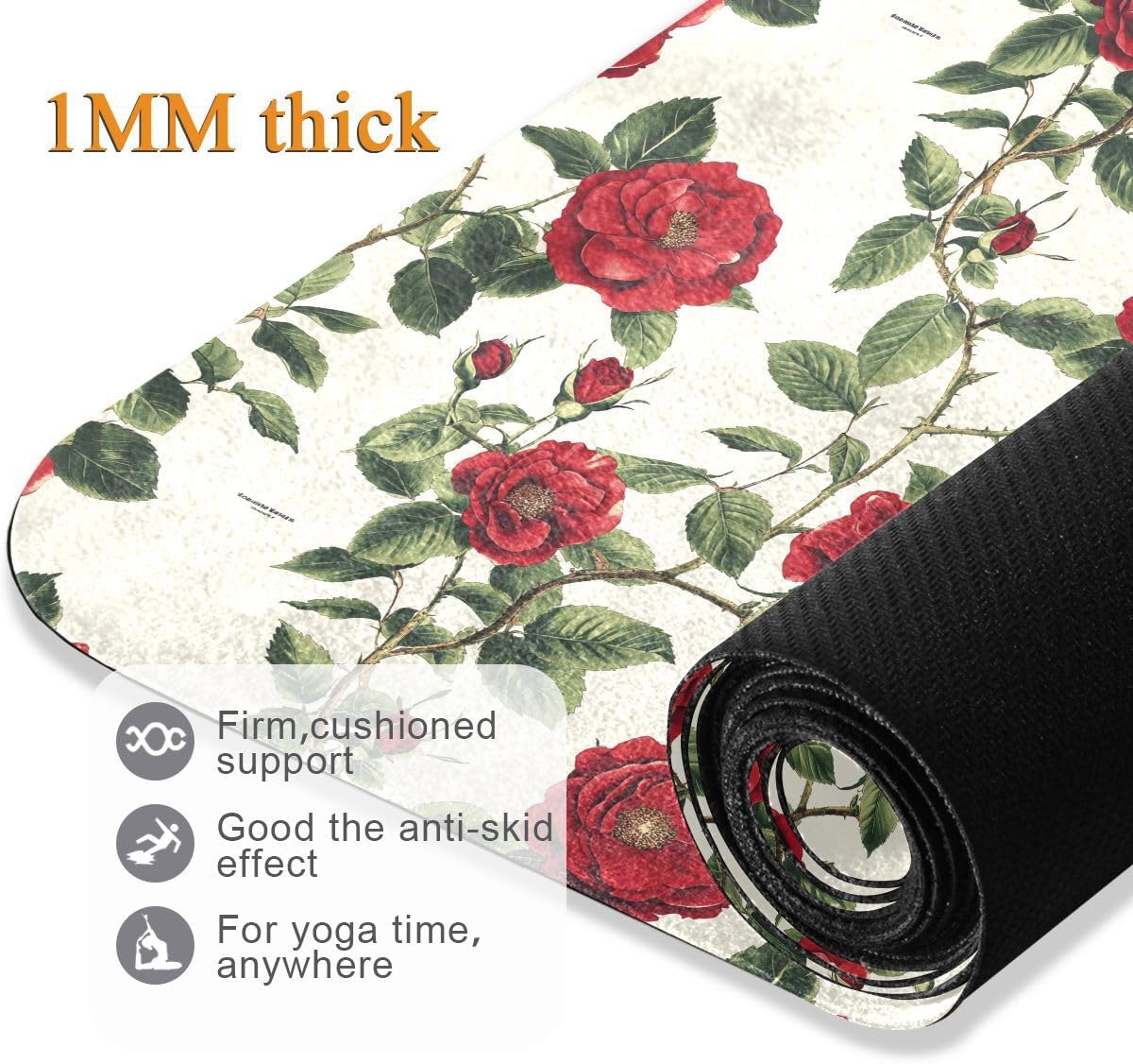 ALAZA Botanical Flower Red Rose Yoga Mat Non Slip Fitness Exercise Mat, Workout Mat for Yoga, Pilates and Floor Exercises