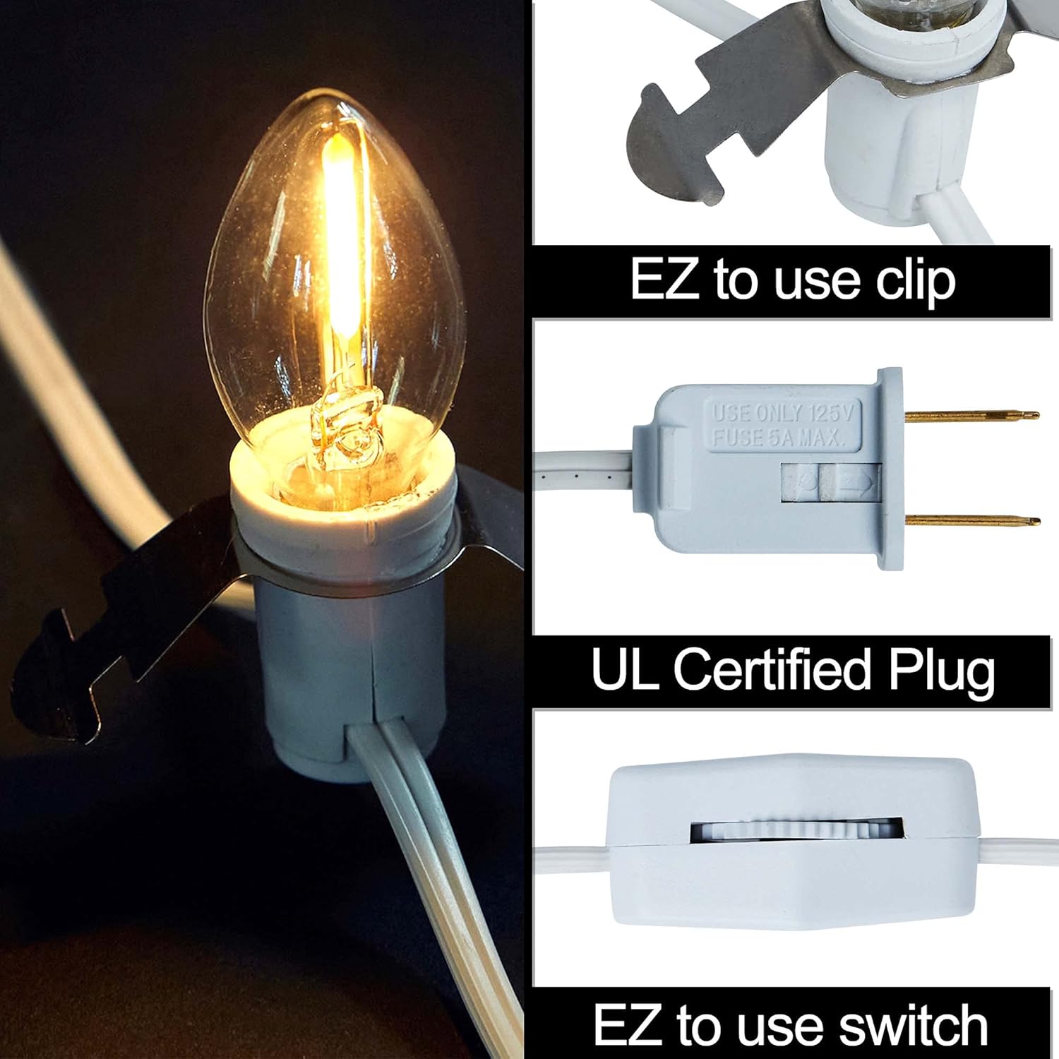 Single Bulb chainable LED Accessory Cord – 6ft Cord with One (1) c7/e12 Candelabra LED Light Bulb and Clip - Christmas Village, Decorations, Crafts, Lamp, Holiday (On/Off Switch)
