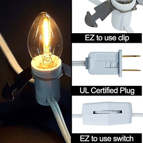 Miniatura 2 de Cable de accesorio LED con cadena de una sola bombilla, cable de 6 pies con una (1) bombilla LED de candelabro C7E12 y clip, pueblo de Navidad,