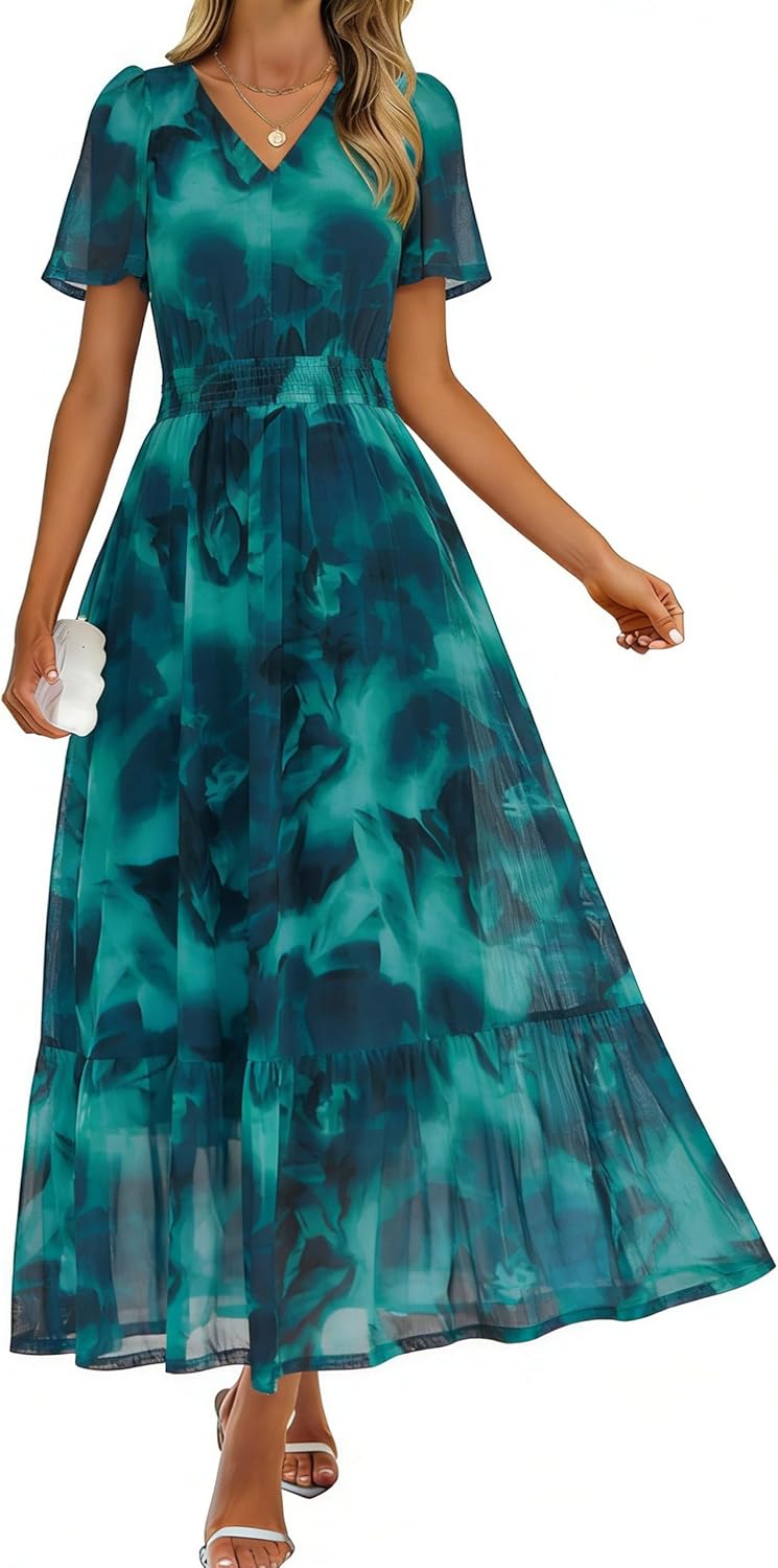 Simplee Womens Summer Floral Maxi Dress Boho Wedding Guest Long Dress Short Sleeve V Neck Vacation Flowy Dresses 2026