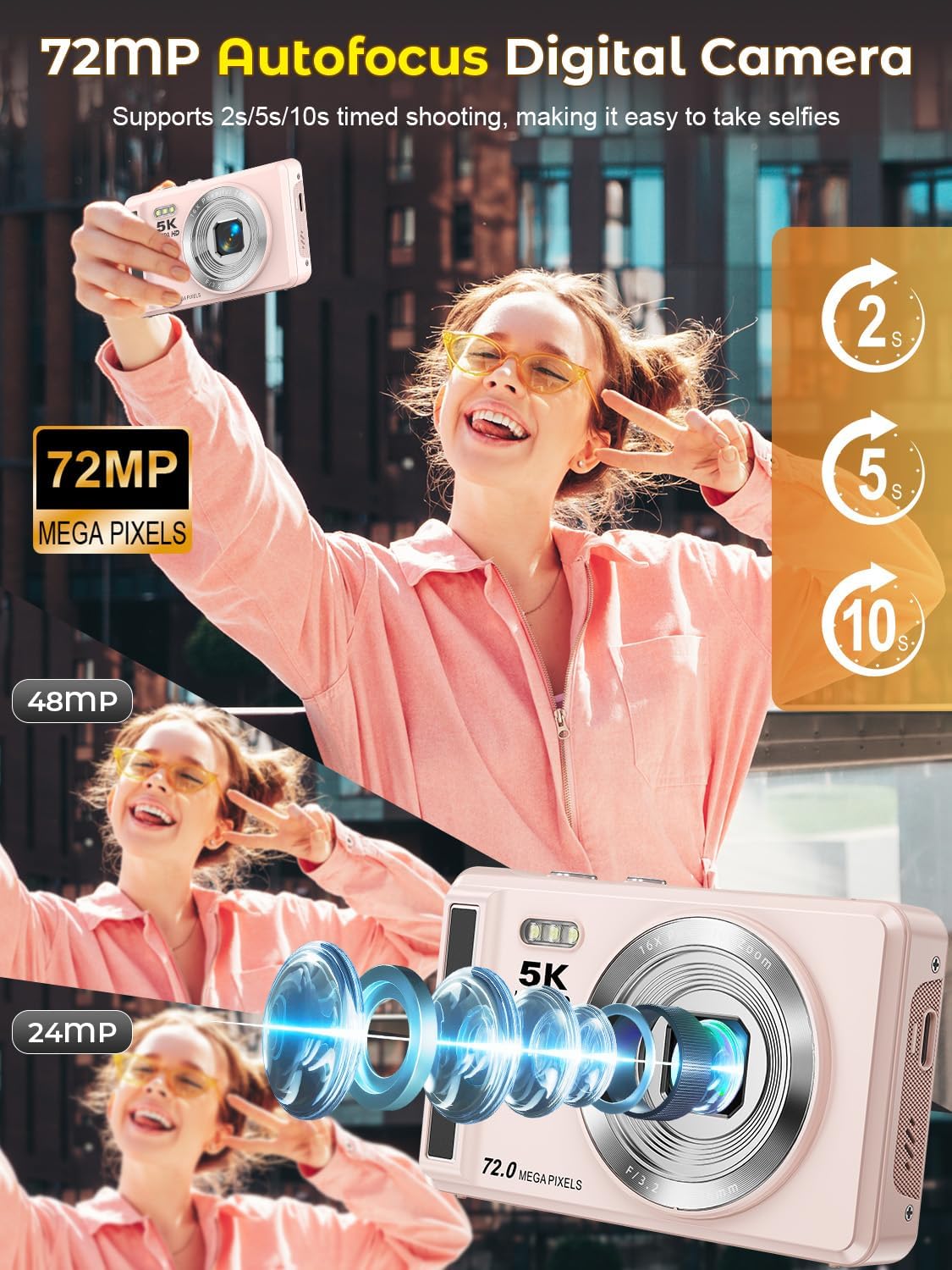 写真用5Kデジタルカメラ、2.8インチスクリーン付き72MP Vlogカメラ、16倍ズームUHDオートフォーカスビデオカマラ、32G