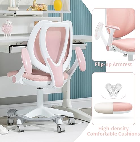 Miniatura 6 de HOMEFUN Silla de escritorio para niños, sillas de computadora con reposabrazos y reposapiés para niños y niñas, bonita malla ergonómica con altura