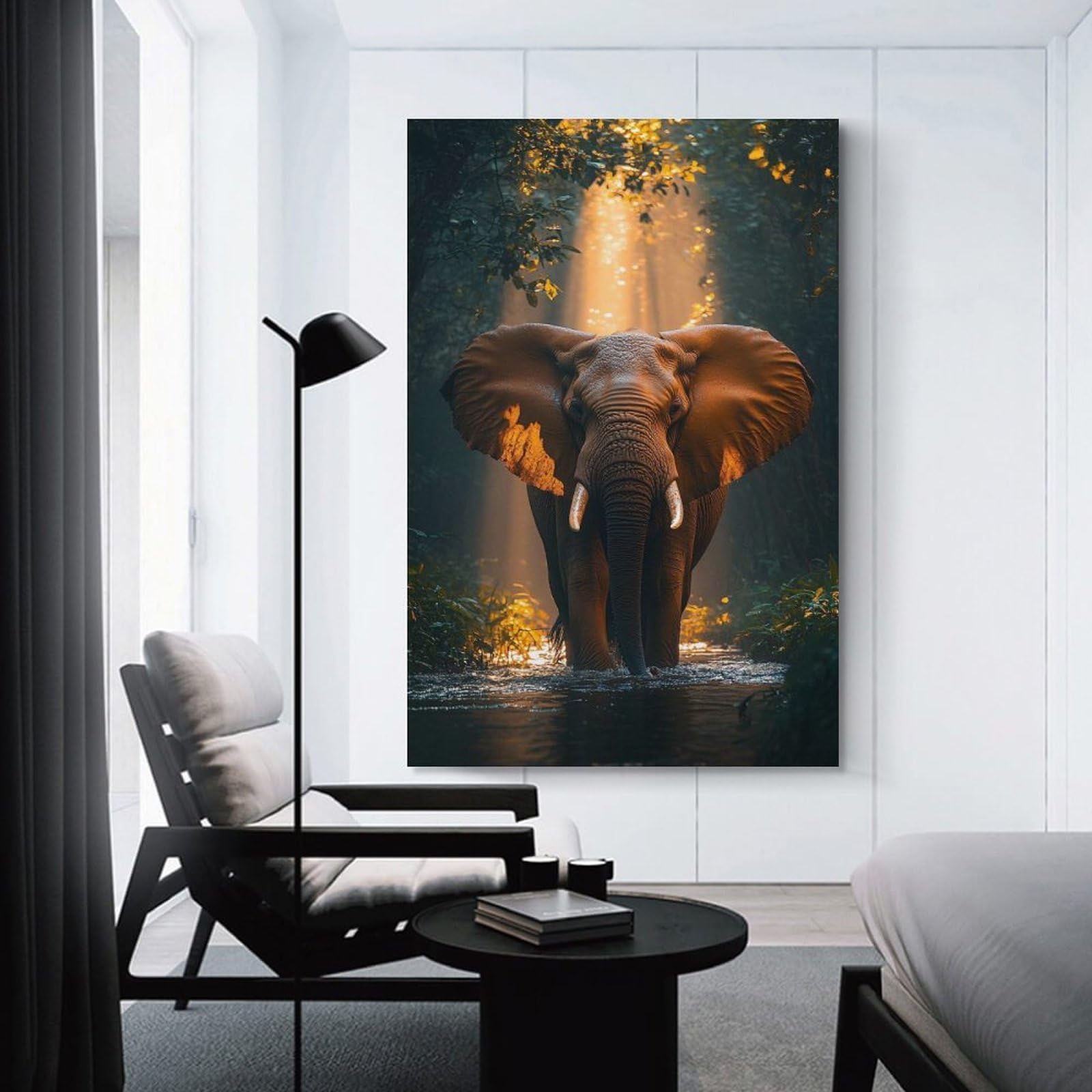 Junmoney Elephant in The Jungle River Hanging Wall Art 16x24inch(40x60cm), for Gallery Wall Decor And Room Displays, A Versatile Canvas Print for Layering