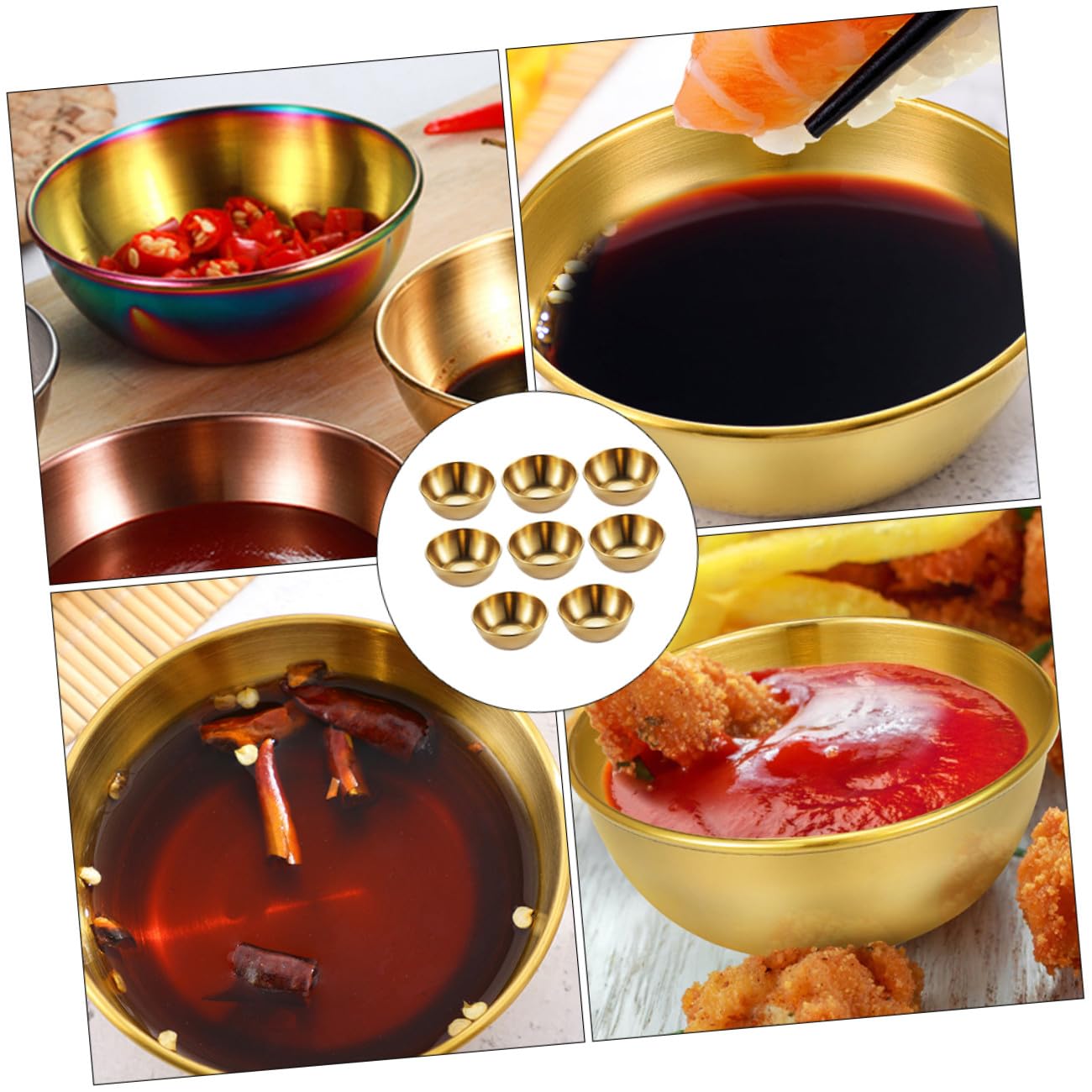 DOITOOL Juego de 8 Mini Platos de Aperitivo y Cuencos para Mojar en Acero Inoxidable Dorado, Resistente a Calor y Ácido, Diseño Simple para Restaurantes y Comedor