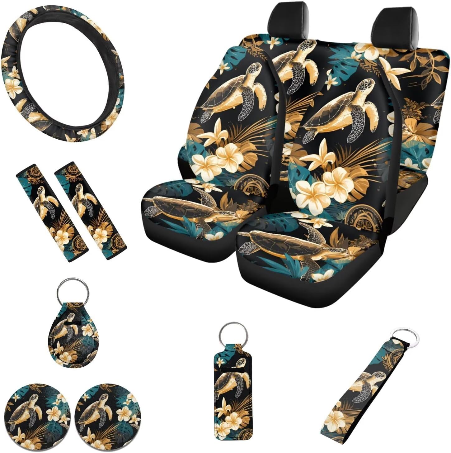 Groovy Flower 12 Pcs Automotive Seat Cover, Hippie Daisy Car Seat Belt Pads, Floral Auto Steering Wheel Accessories, Colorful Lip Gloss Storage Bag Keychain