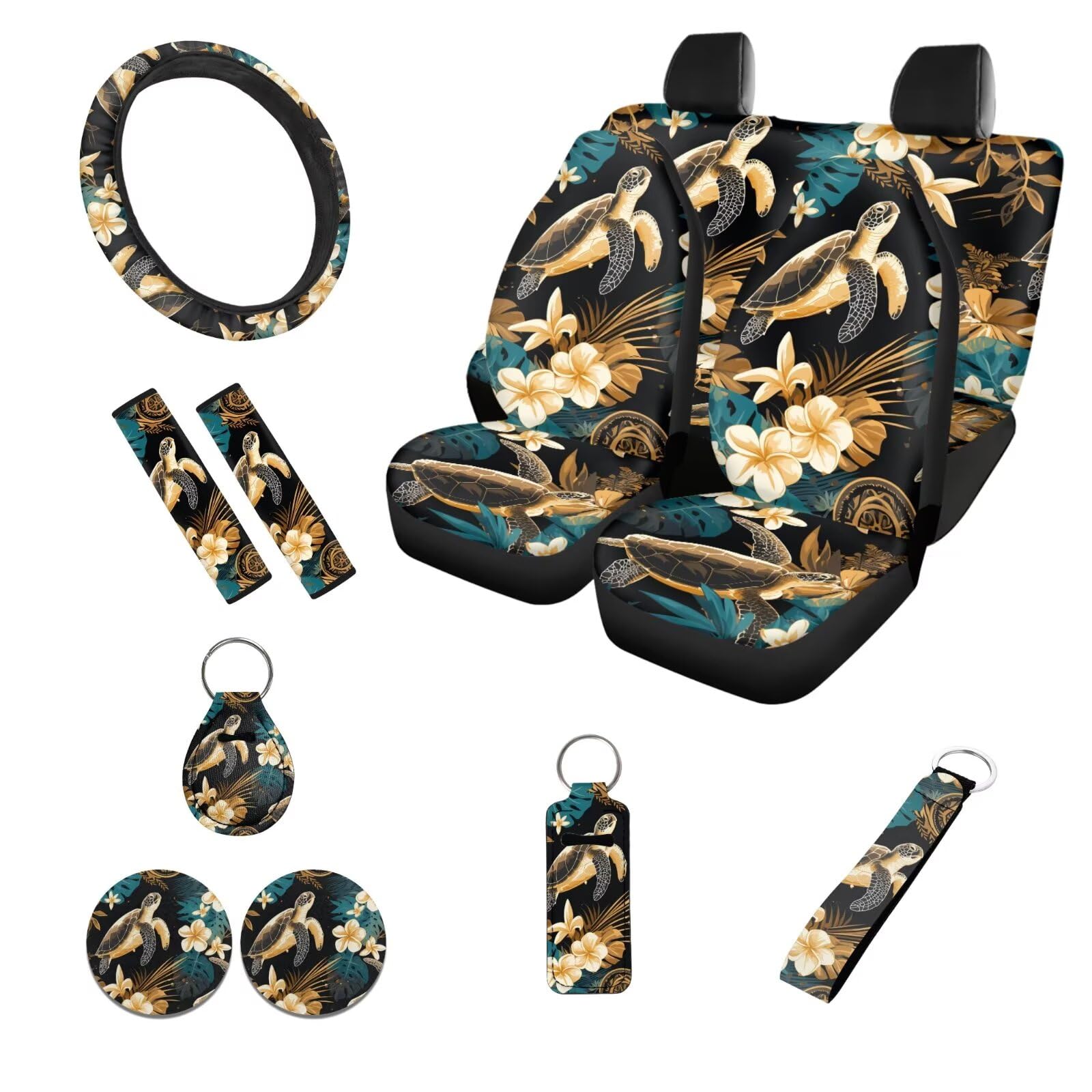 Gold Turtle Tropical Plumeria Palm Leaves Auto Seat Covers Full Set Bench Back Bucket Seat Covers Protectors Steering Wheel Covers Seat Belt Pad Cup Coaster Accessories for Women Men