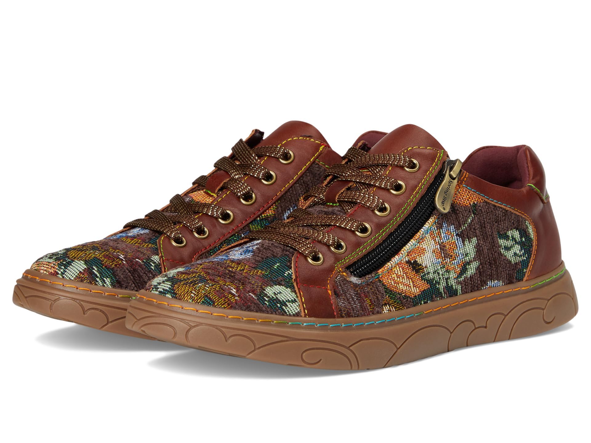 Spring Step L'Artiste Danli-Fab Fashion Sneakers – Premium Leather with Tapestry Print Upper - Lace Up Zipper Closure, Removable Insole, Flat Platform