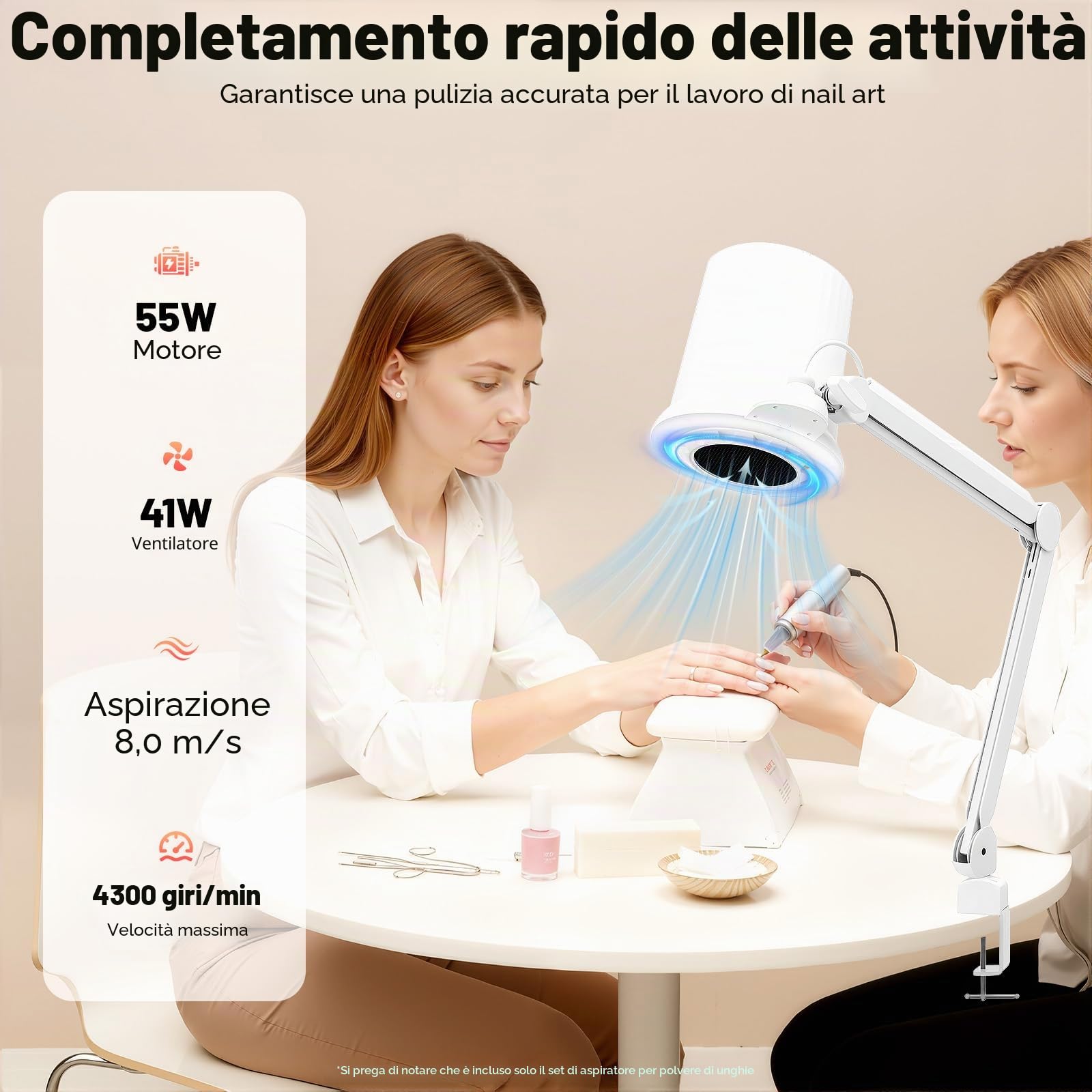 Aspirazione della polvere per unghie 55 W professionale raccoglitore per unghie con luce a LED con regolazione di ventilazione a 10 livelli, angolo regolabile per montaggio da tavolo