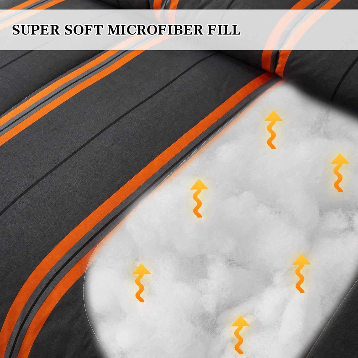 Flysheep 3 Pcs Modern Boho Halloween Comforter Set Full/Queen Size for Women, Bright Orange Striped on Black Dark Grey Soft Microfiber Reversible Bedding Set for All Season - Image 3
