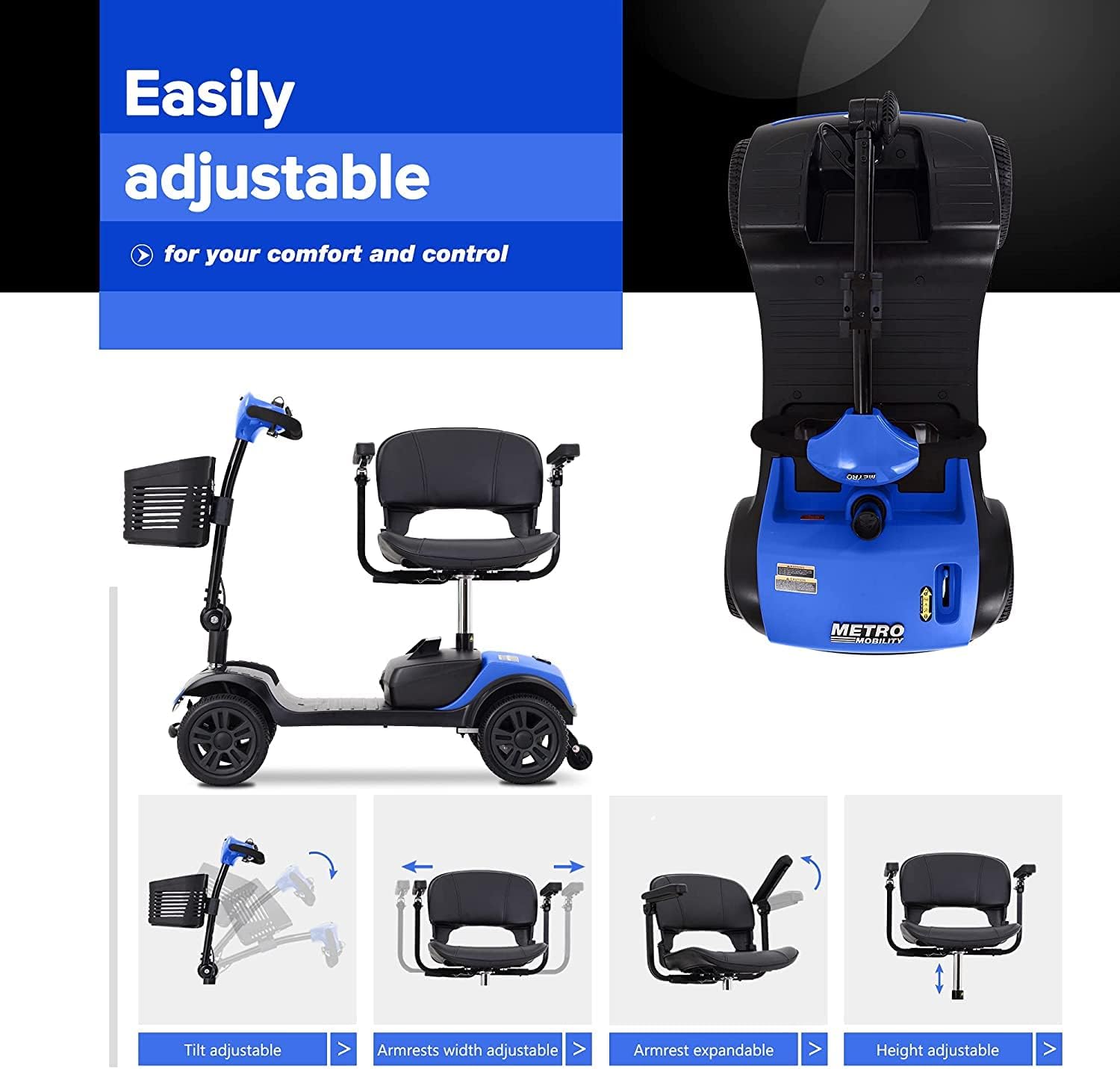 Compact Powered Mobility Scooters for Seniors Long Range 4 Wheel Folding Mobility Scooters for Adults with Basket Easy to Fold in Boot Trunk for Traveling with Family, Blue : Health & Household