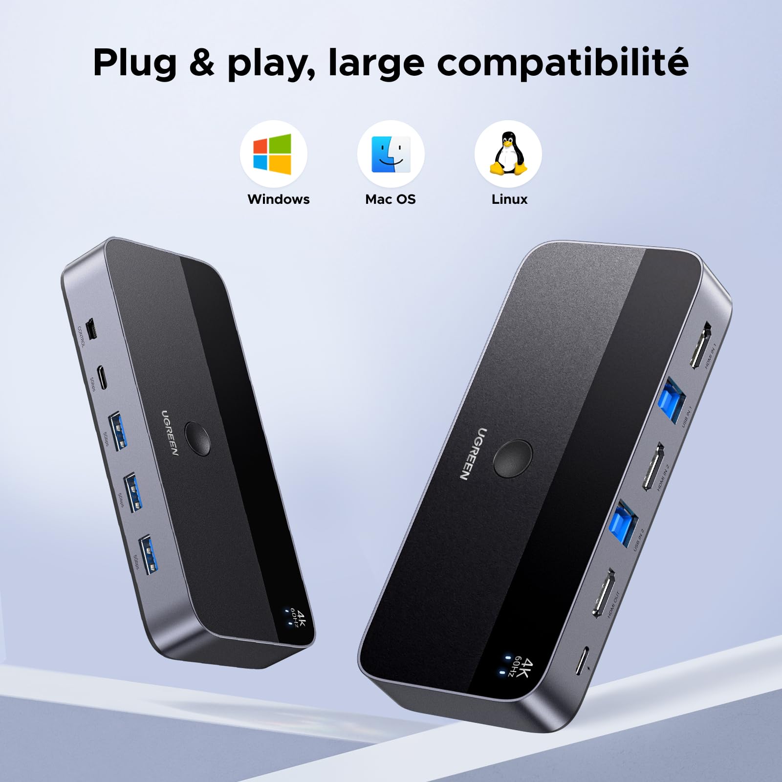 UGREEN Switch HDMI KVM 4K 60Hz 2 Entrées 1 Sortie avec USB 3.0 Ports 3A1C | 5Gbps USB Ports pour Clavier Souris Disque Dur Commutateur KVM Switch USB avec Contrôleur de Bureau et 2 Câbles HDMI 1M