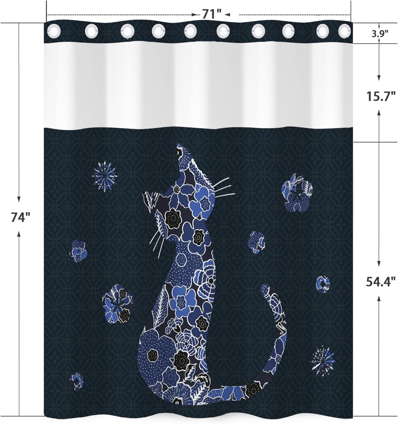 No Hook Cat Shower Curtain with Liner 71 x 74 Inches - Abstract Navy Blue Flower and Cat Design, Waterproof Fabric Bath Curtain and Breathable Mesh Top for Modern Farmhouse Bathroom Decor
