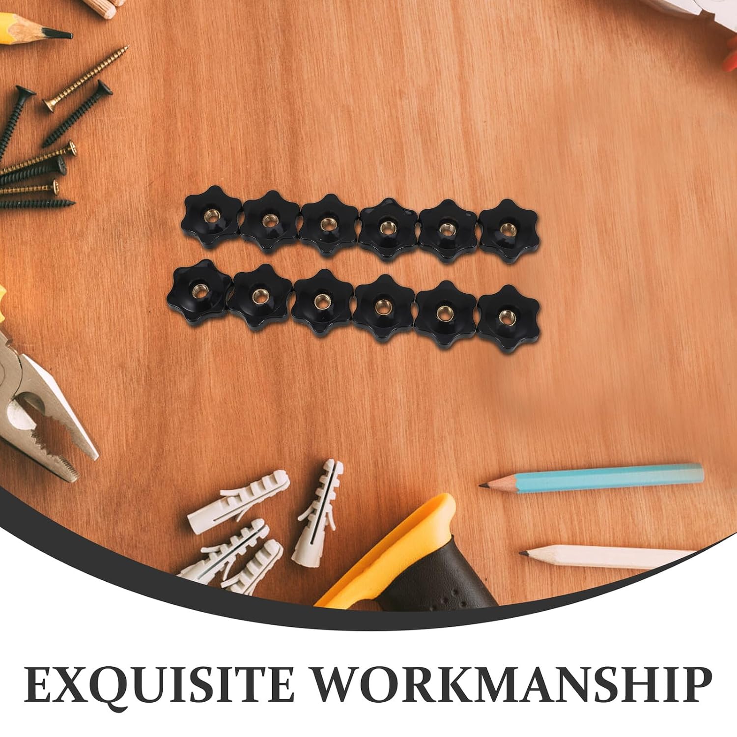 12pcs 1/4" Black Star-Shaped Threaded Knobs with Metal Thread Core, Hex Clamping Nut Hand Grip for Industrial Machinery and Equipment