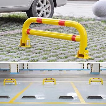 Folding U Shaped Safety Bollard Post, Pull Up Automatic Lock, 13 Height Steel Pipe Yellow Guardrail Anti Collision Bar for Driveway Parking Block(31.5x13 inch)
