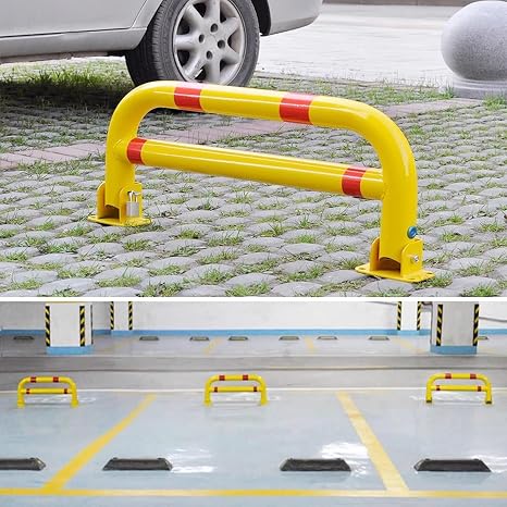 Folding U Shaped Safety Bollard Post, Pull Up Automatic Lock, 13 Height Steel Pipe Yellow Guardrail Anti Collision Bar for Driveway Parking Block(31.5x13 inch)