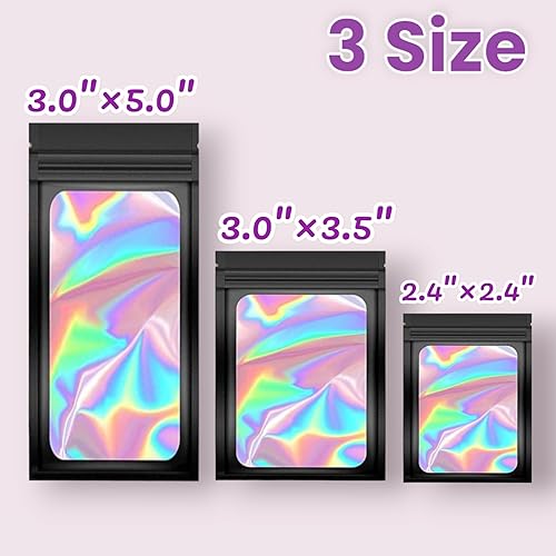 Miniatura 7 de Paquete de 50 bolsas de Mylar negras, bolsas de plástico a prueba de olores, bolsas holográficas reutilizables, bolsa pequeña con cierre hermético