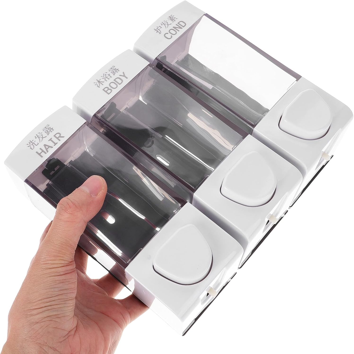 TIDTALEO 3-Chamber Shower Soap Dispenser Wall-Mounted No Drill Liquid Shampoo Holder White Plastic Spring Pump for Bathroom Soap and Hand Wash