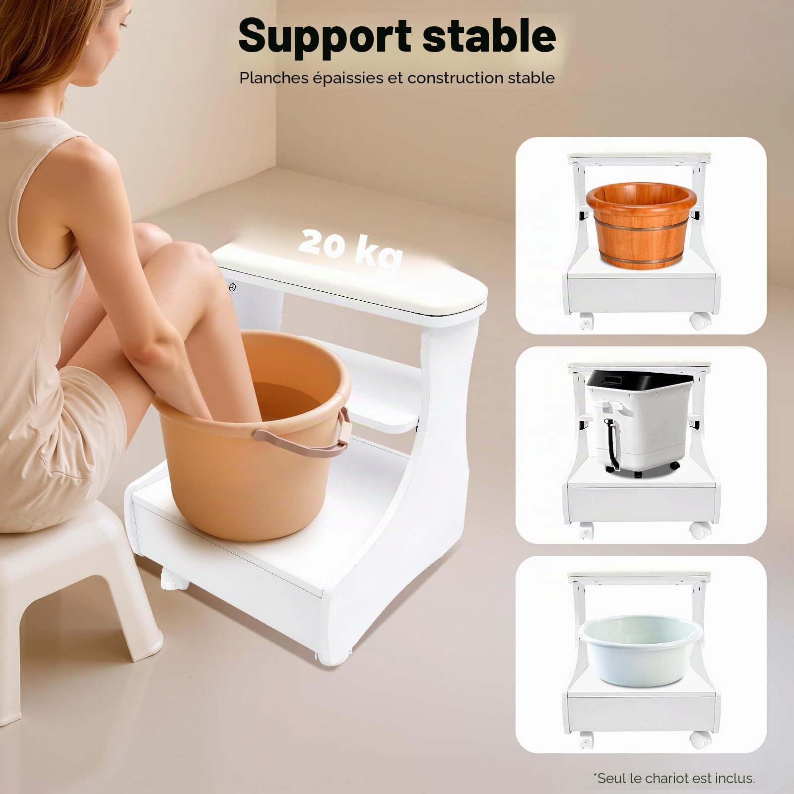 Chaise de Pédicure Mobile Avec Tiroirs, Chariot de Bain de Pieds Avec Roulettes pour Manucure et Massage (Blanc)
