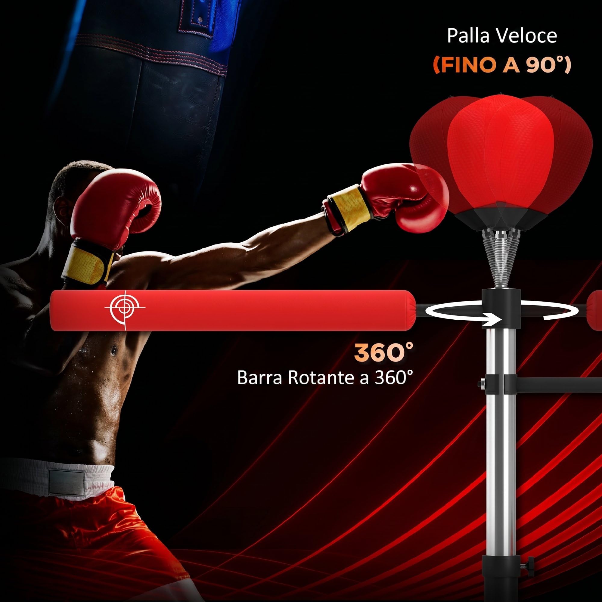 HOMCOM Sacco da Boxe da Terra 4 in 1, Sacco per Pugilato da Terra con 2 Speedball, Barra Girevole per Riflessi, Altezza Regolabile da 160-230cm, per Palestra Casa MMA Thai Adulti