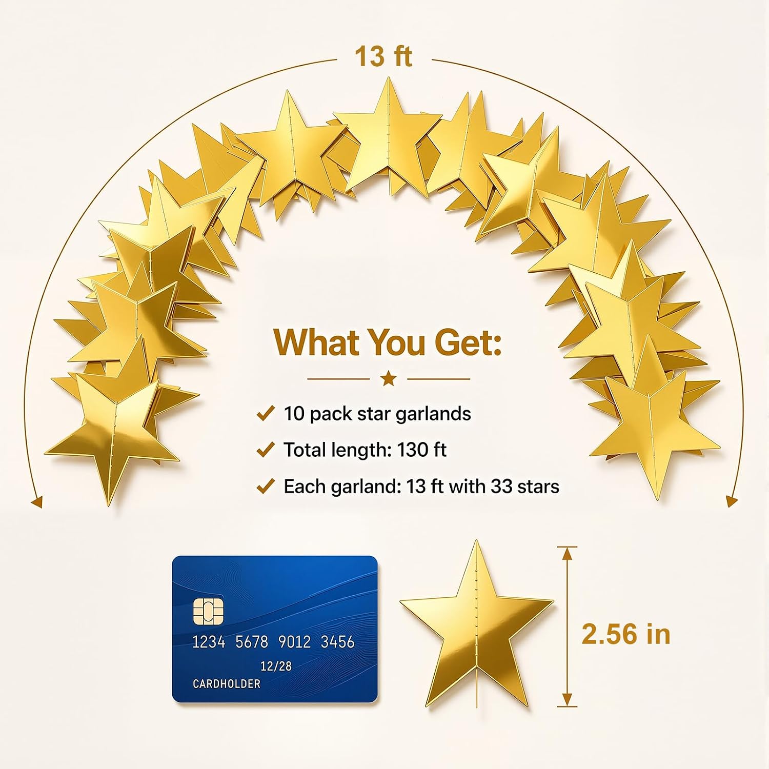 Gold Star Garland, 130 Feet Hanging Paper Star Garland for Birthday Party Decorations, Twinkle Gold Stars Streamer for 2026 Graduation Wedding Baby Shower Christmas Classroom Decor, 10-Pack
