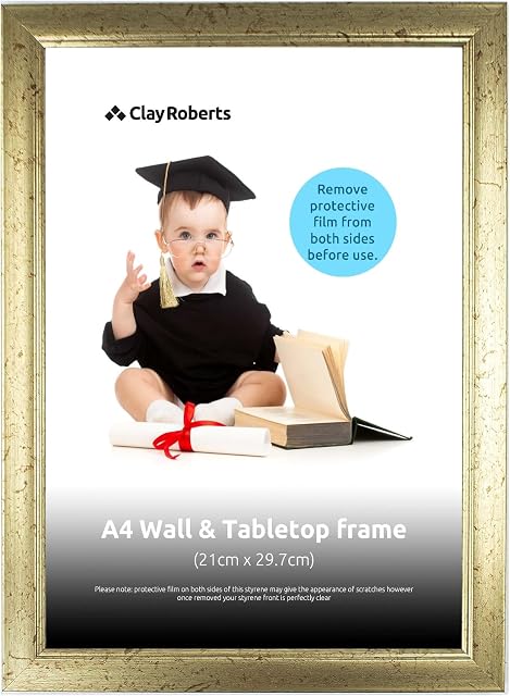 Clay Roberts A4 Frame, Photo Frame, Gold A4, Picture Frame, Certificate Frame, Art Print Poster Frame, Freestanding and Wall Mountable, 21cm x 29.7cm Picture Frames