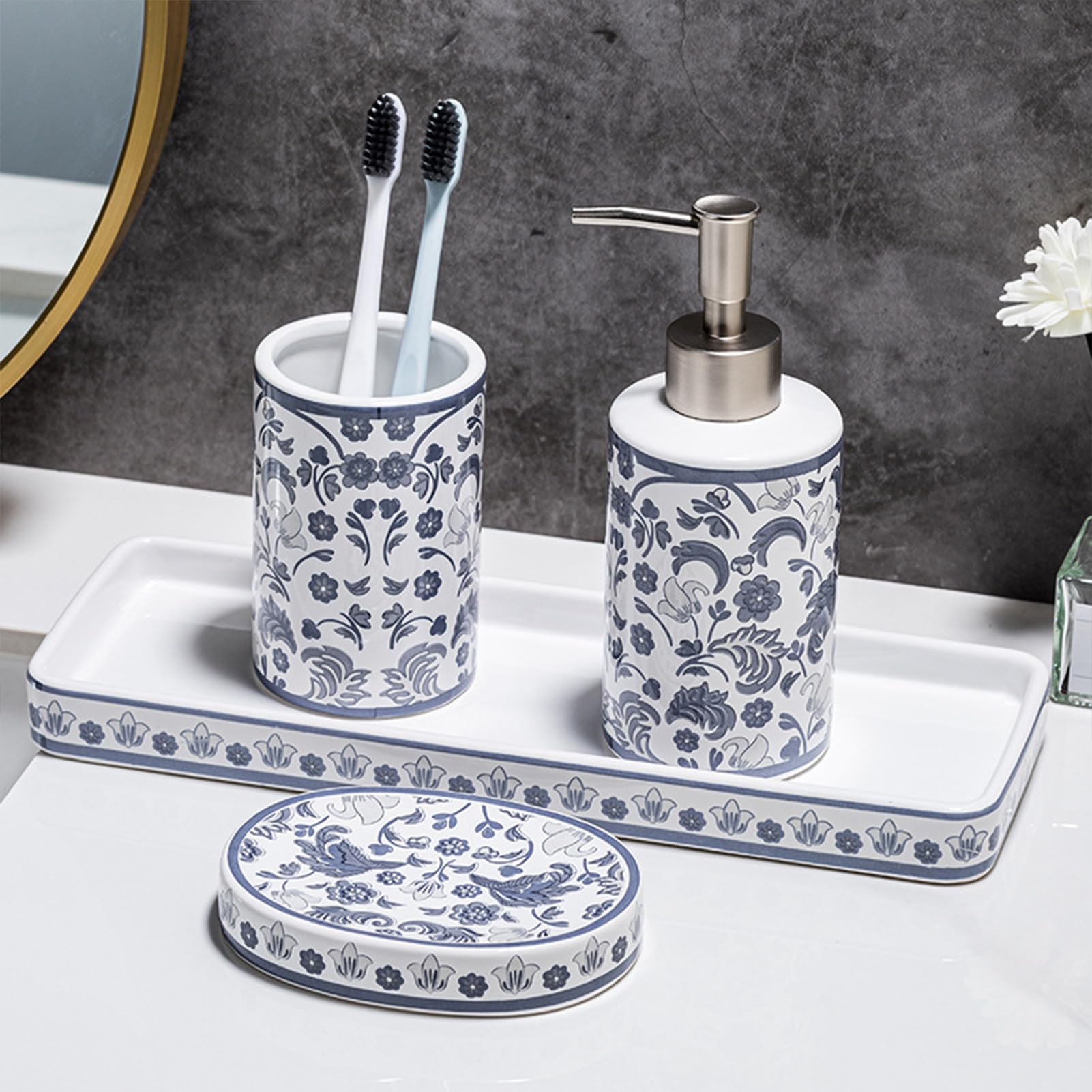 Lot De 4 Accessoires De Salle De Bain en Céramique, Distributeur De Lotion, Porte-Brosse À Dents, Boîte À Savon en Céramique avec Plateau, Décoration De Bain Moderne (A)