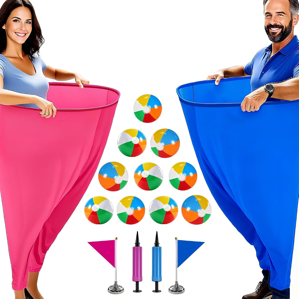 Granny Pants Yard Game for Adults (40* 31.5 in), Outdoor Game(Large) | 2 Pcs Granny Pants,10 Bouncy Balls,2 Pumps & Flags, Granny Pants Game for Christmas Family Party Gathering, Pink & Blue