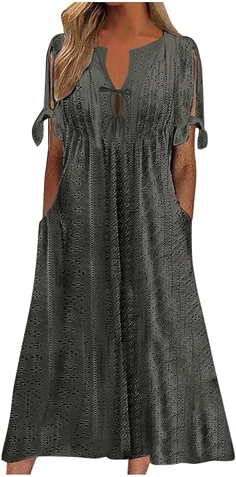 Eyelet Maxi Dress for Women Split Sleeve Loose Fit Flowy Dress Casual Beach Vacation Summer Dresses with Pockets