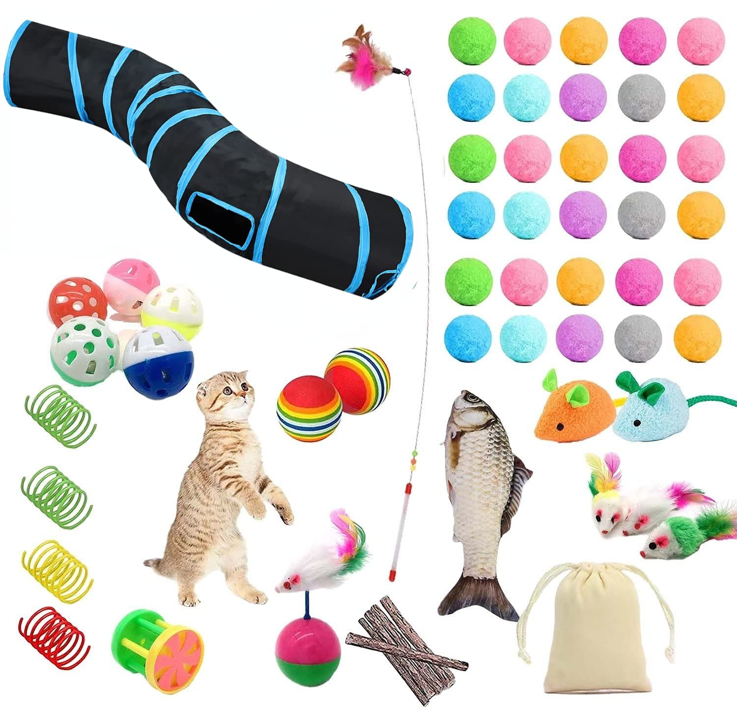 MLEPXBO 57 Pcs Cat Toys for Indoor Cats Kitten，Cat Tunnel Interactive Feather Teaser Wand Ball Toy for Kitten Cats，Cat Toys for Indoor Cats Adult ("S" shape Cat Tunnels)