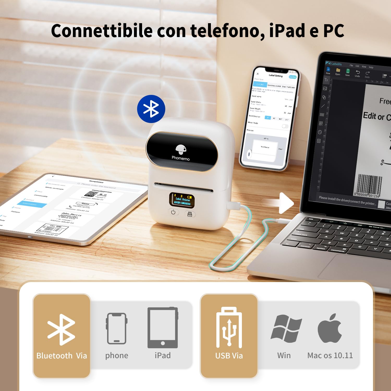Phomemo Etichettatrice M110 Bluetooth Stampante Etichette Adesive, Stampante Termica Portatile Compatibile con iOS Android e PC, per Piccole Imprese, Negozio, Logo, Cucina, Indirizzo,Negozio