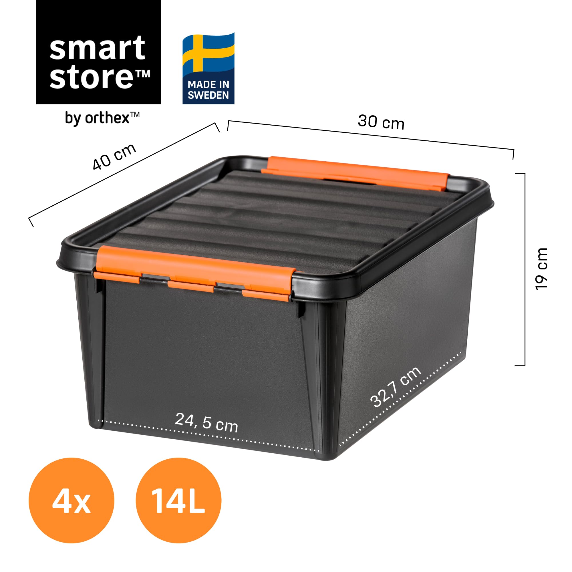 SmartStore Extrem robuste Kunststoff-Aufbewahrungsbox mit Deckel I 14 Liter I Für Garage, Regale, Umzug I 4er Set Stapelboxen mit Clipverschluss I Werkzeugaufbewahrung I BPA-frei I 40 x 30 x 19 cm
