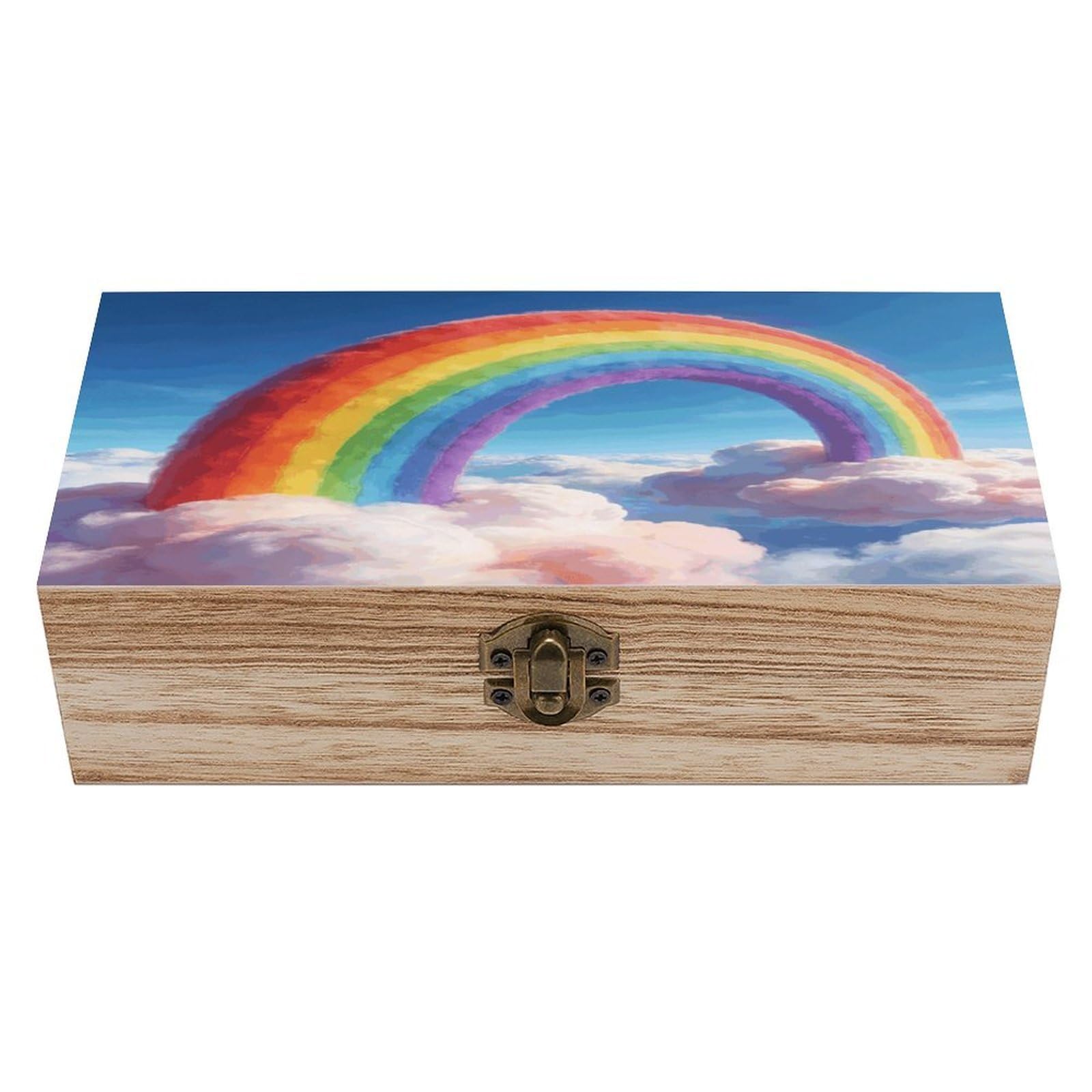 FekiLoot Natural Wooden Keepsake Box with Hinged Lid, 8x4 Inch Rainbow Memory Box, Wood Jewelry Organizer & Trinket Holder, Gift for Men Women Anniversary Wedding