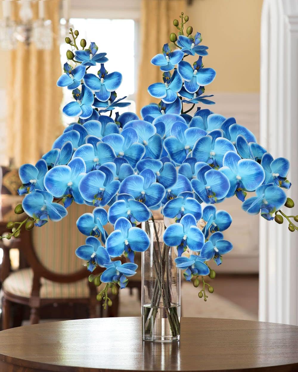 DILATATA 4 Pcs Fake Orchid Flowers 9 Large Heads of Real Touch Vivid Phalaenopsis Orchid Flower Stem 36'' Tall, Artificial Flowers Branches for Home Decor, Office House Deco-Blue Flowers