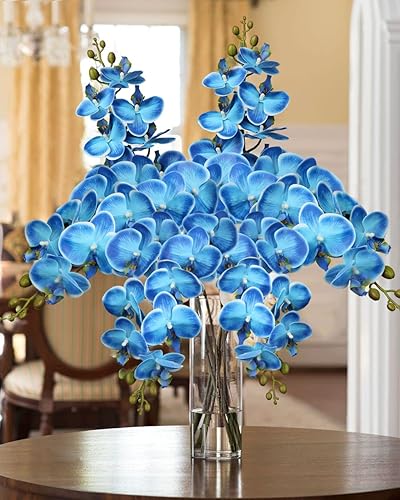 Miniatura 4 de DILATATA 4 unidades de flores de orquídea artificiales con 9 cabezas grandes de flores de orquídea Phalaenopsis de toque real y vívidas, ramas de