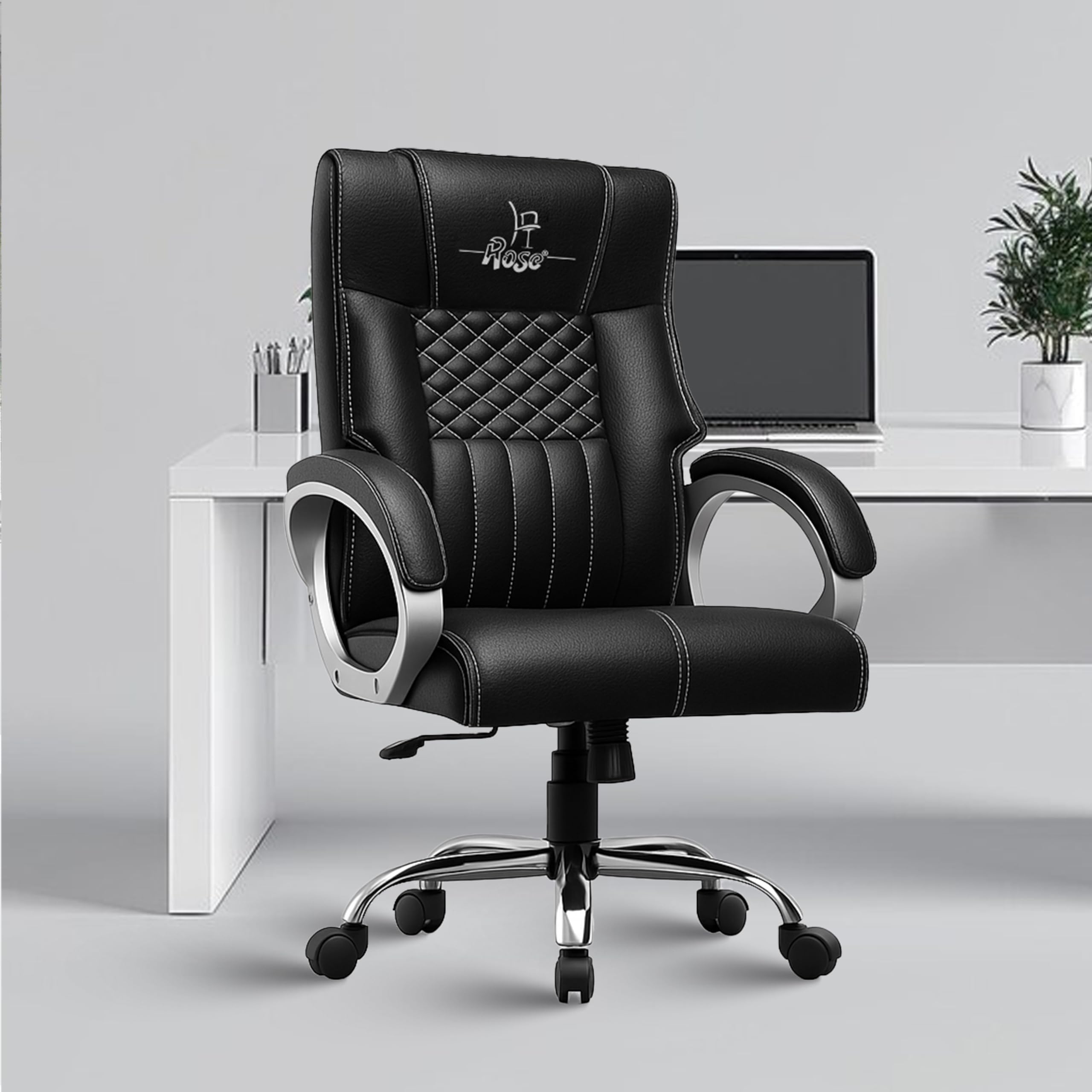 ROSE® Iran | 3-Year Brand Warranty | Comfortable High Back Chair | Adjustable Boss Chair for Home Office, Swivel Revolving Professional Executive (Black, Leatherette HB)