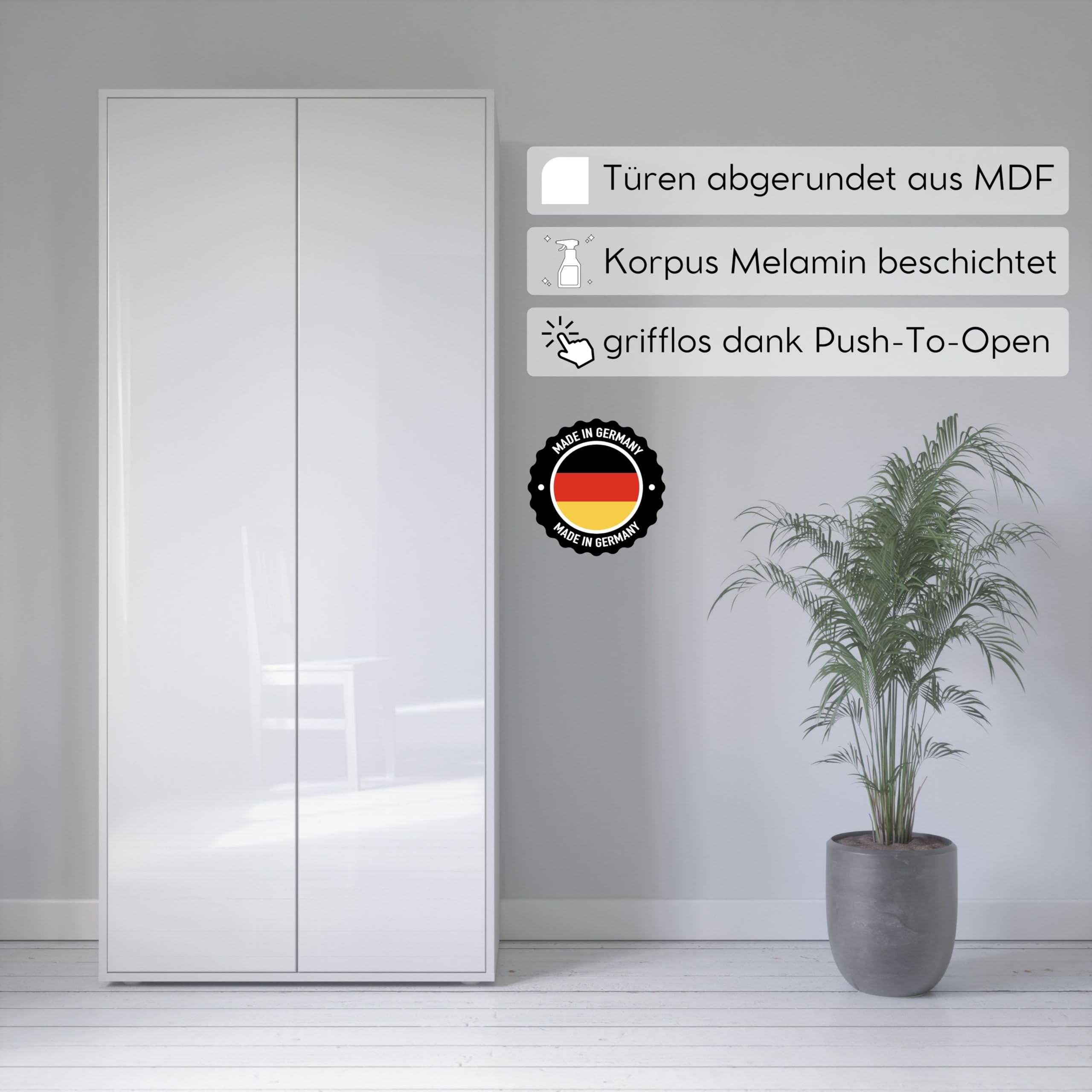 Büroschrank Amira T00, Weiß/Weiß Hochglanz, 180x80x40 cm | Geschlossener Aktenschrank, Push-to-Open, Mehrzweckschrank für Büro