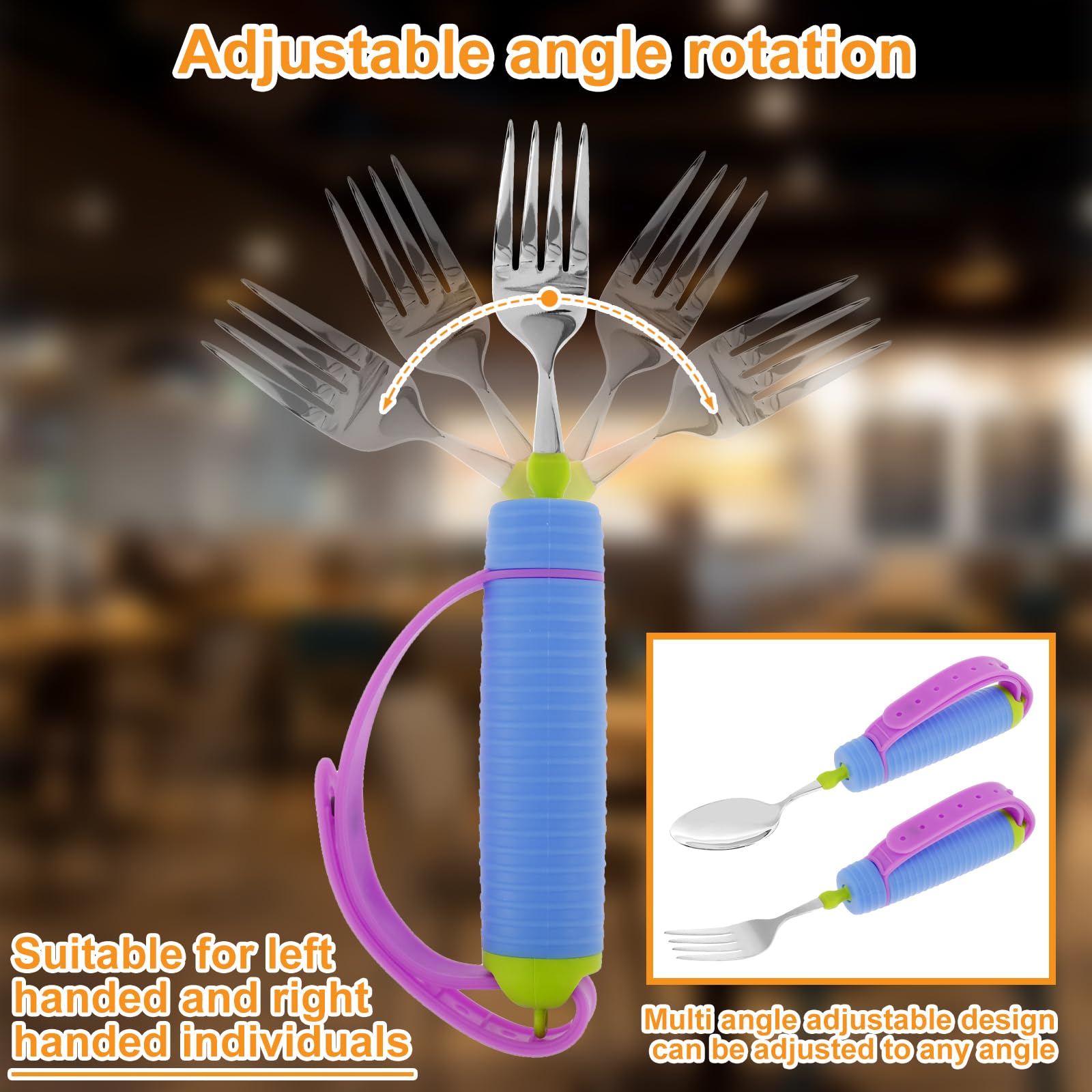 Juego de utensilios adaptativos con mango antideslizante y correa ajustable de silicona giratoria de 360° para discapacitados Ayuda a comer con cuchara y tenedor de acero inoxidable para
