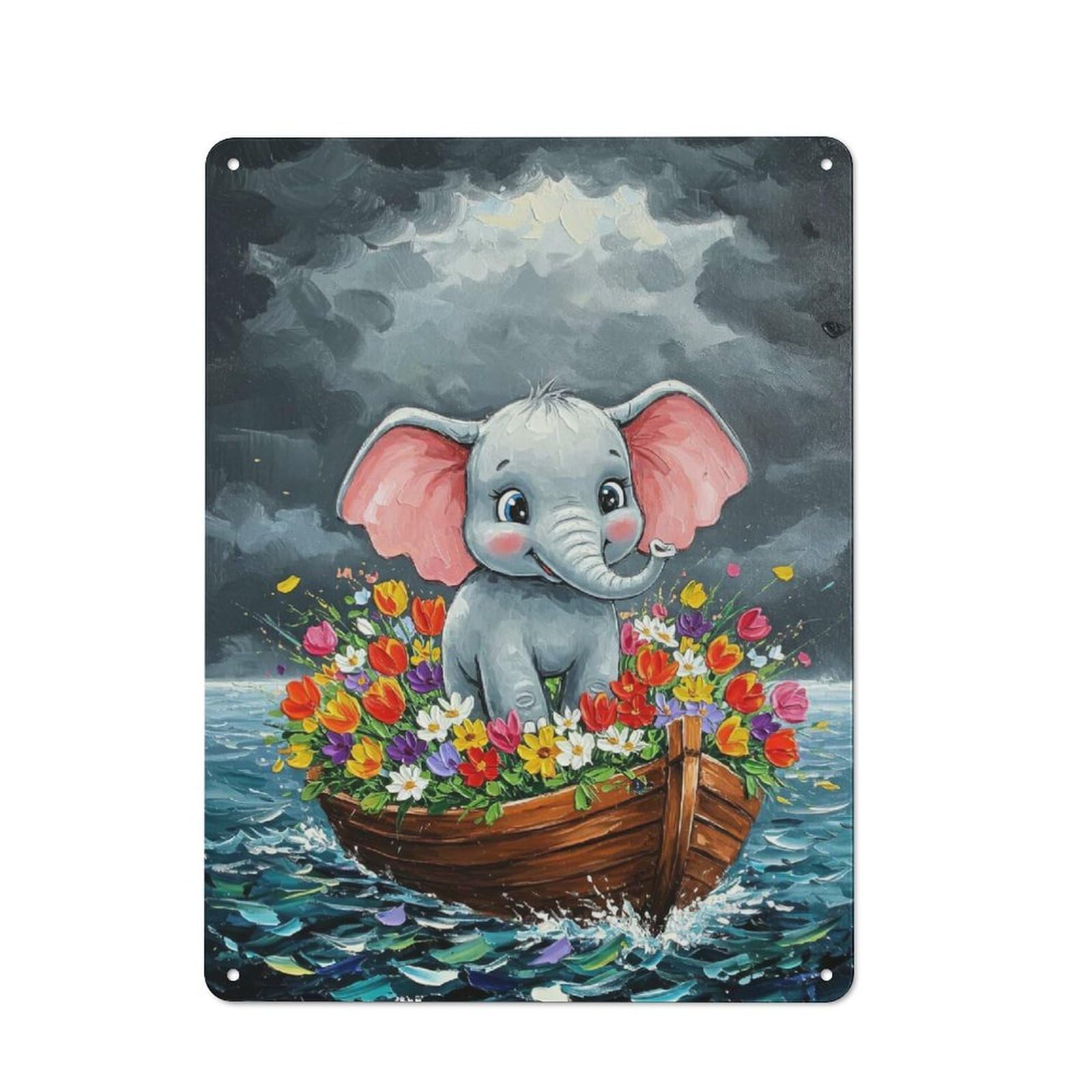 Junmoney Elephant In A Boat Of Flowers For Bar Or Restaurant, Retro Metal Plaque 40X30cm, A Decorative Christmas Gift For Hospitality Decor Collectors