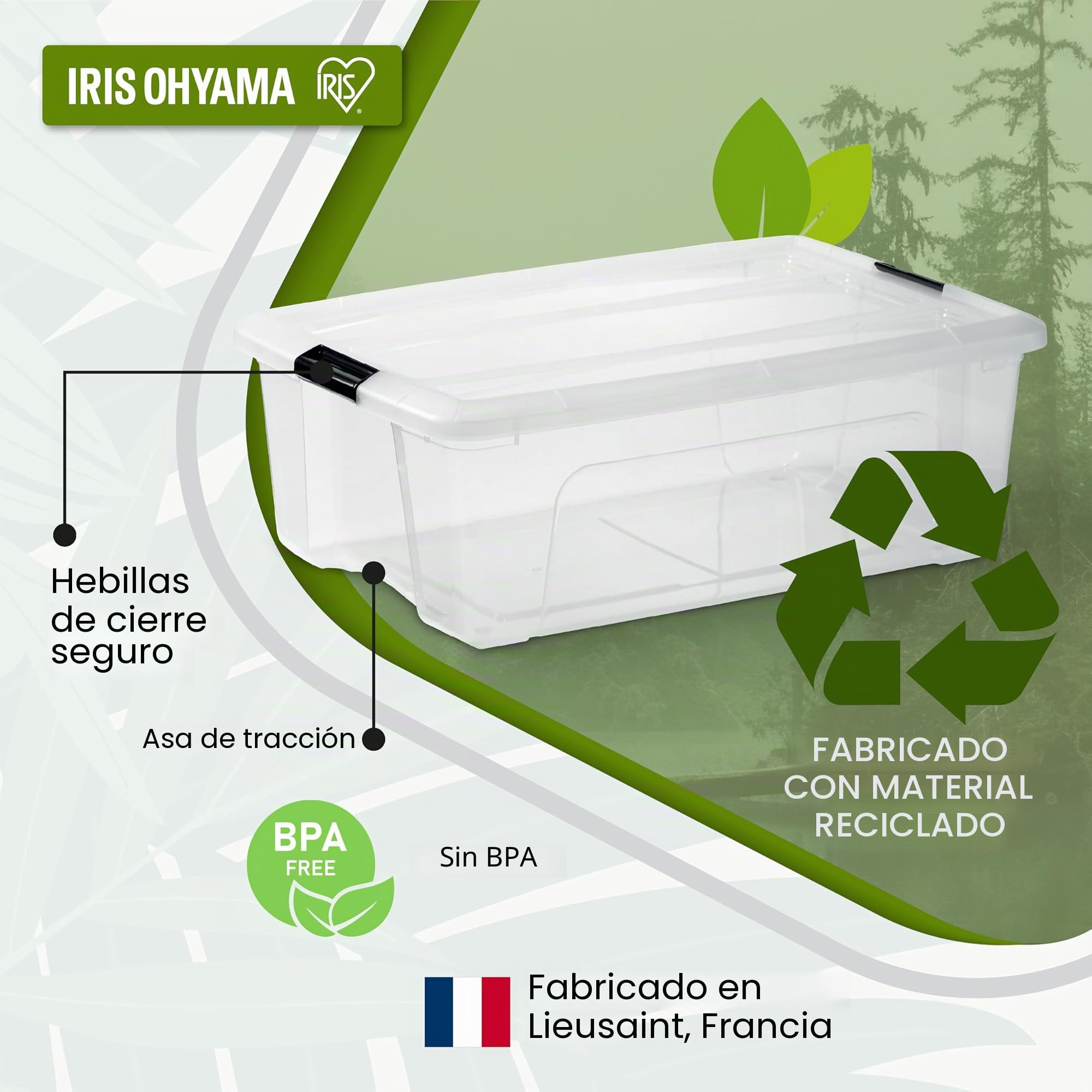 Iris Ohyama, Caja de Almacenamiento Plástica con Tapa, 32L, Lote de 4, Transparente, Clips de Cierre, Asa, Apilable, Organización Sólida y Duradera, para Habitación, Vestidor, Oficina, BSB-32