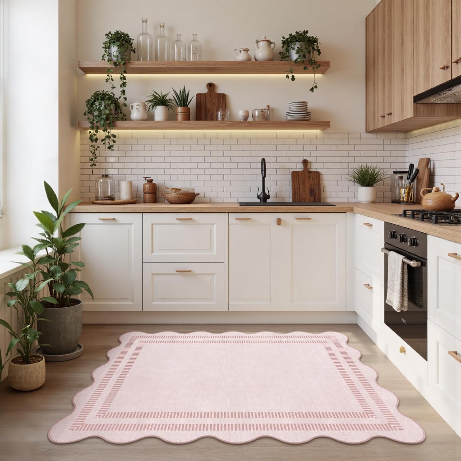 Washable 3x5 Indoor Entryway Rug, Solid Pink Non Slip Rugs for Bedroom Girls, Stain Resistant Scalloped Soft Carpet for Nursery Dorm Kitchen