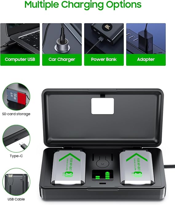 NP-BX1 Camera Battery (2 Pack) and 2-Channel USB Charger for Sony NP-BX1/M8, ZV-1, ZV-1F, ZV-1 II, Cyber-Shot DSC-HX80, HX90V, HX95, HX99, HX350, RX1, RX1R II, RX100 (II/III/IV/V/VA/VI/VII), AS300